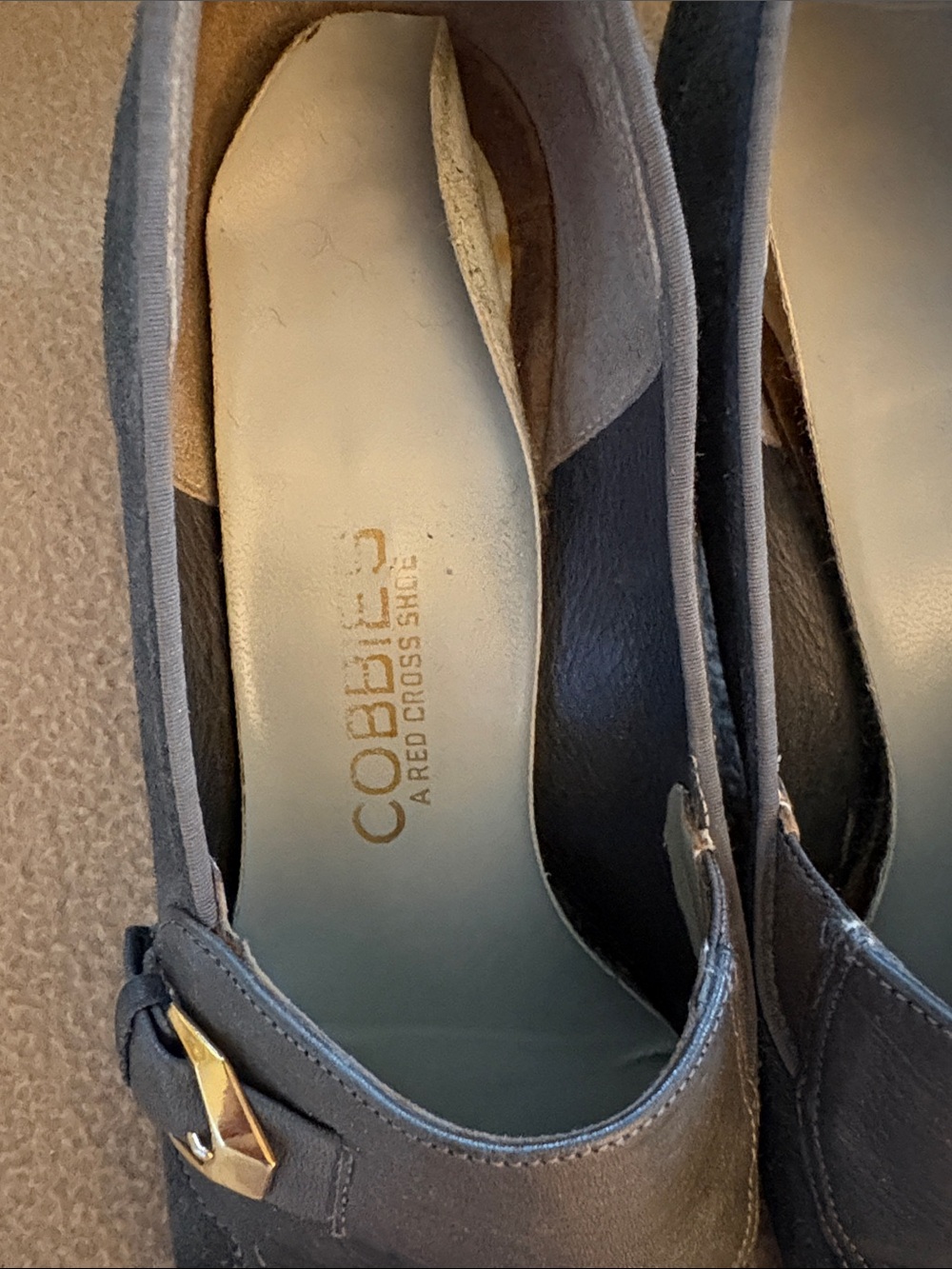 Black Suede & Leather Low Heel Loafers with Gold Accent - Picture 2 of 3